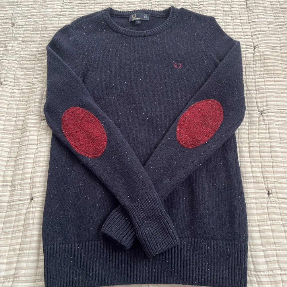 Fred Perry Lambswool Navy Tweed Sweater with Maroon Elbow Patches